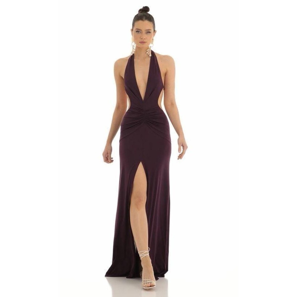 Lucy In The Sky Front Slit Open Back Maxi Dress Purple